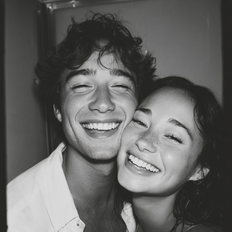 Black and white photograph of a young man and woman smiling closely together, both showing happy expressions and white teeth