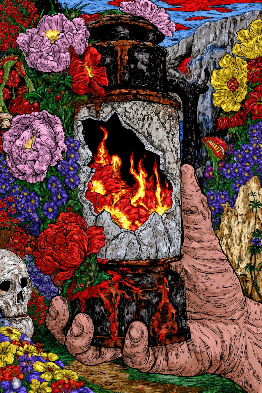 A surreal artwork showing a large hand holding a cracked metal lantern with bright flames inside, surrounded by various colorful flowers, a human skull, rocky formations and a vivid sky.