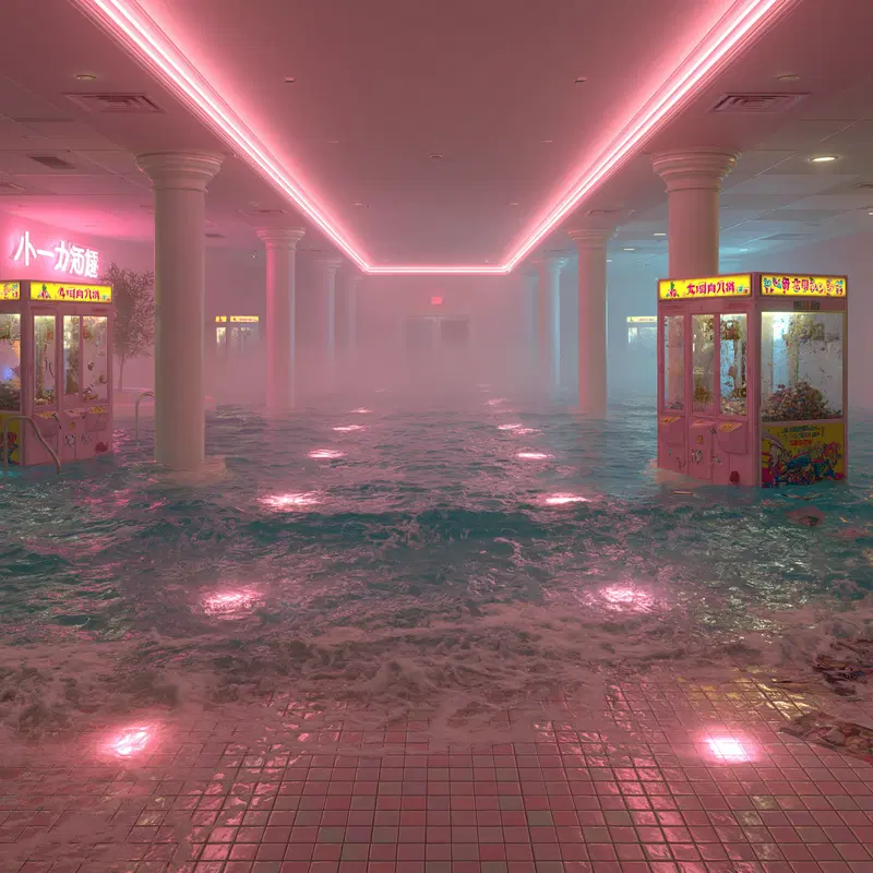 Surreal Flooded Arcade Room with Neon Pink Lighting and Claw Machines
