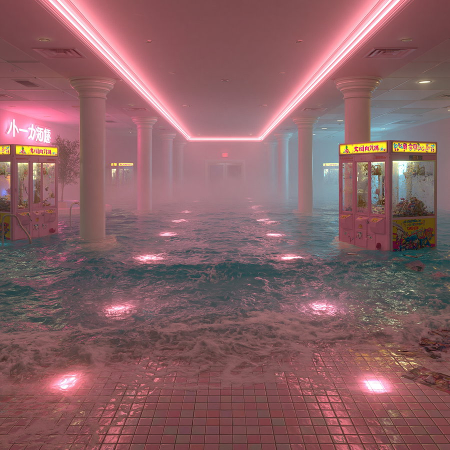 An indoor arcade room flooded with water, illuminated by pink neon lights on the ceiling, featuring multiple claw machines and white columns, with hazy mist in the background.
