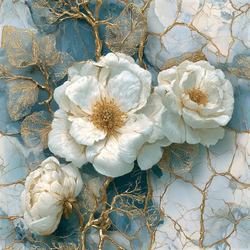 Elegant white flowers with golden accents on a blue and cream marbled background