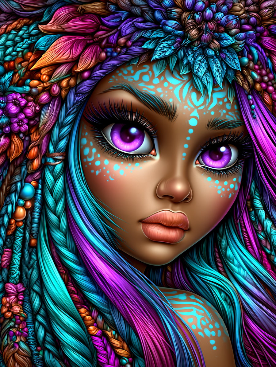Close-up of a fantasy character with glowing turquoise face paint patterns, large purple eyes, and intricately braided hair in shades of purple, blue, and teal adorned with flowers