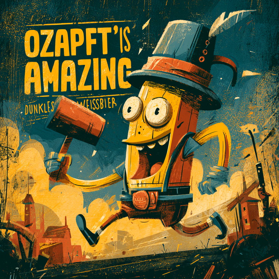 Illustration of a cheerful, animated character with large eyes and a top hat, holding a mallet and running through a stylized urban background with yellow and blue tones