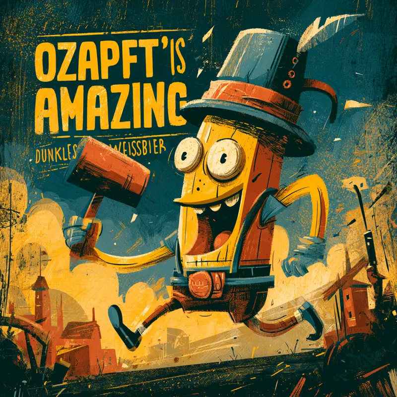 Colorful and whimsical cartoon character holding a mallet in an animated cityscape