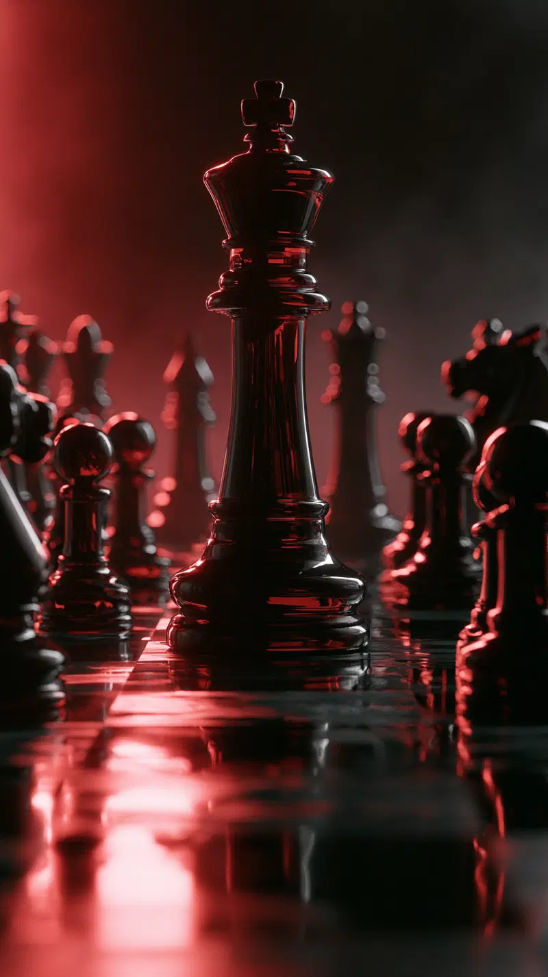 Dark digital art close-up of a black chess king piece with red light reflections