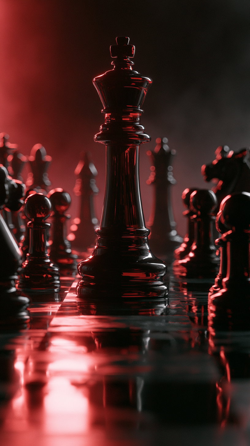 Close-up of a shiny black chess king piece on a chessboard with red light reflections and other out-of-focus chess pieces in the background