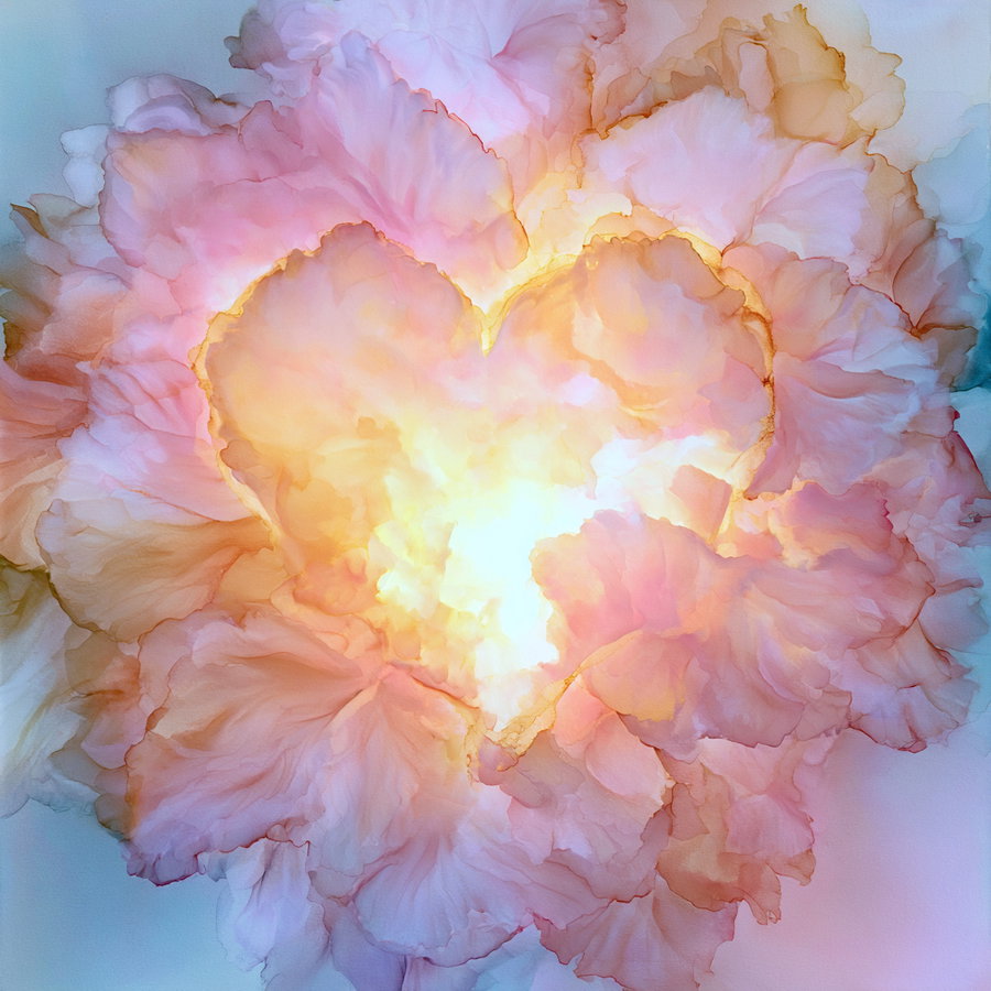 An abstract watercolor artwork featuring a glowing, bright heart shape in the center, surrounded by soft, petal-like, translucent forms in shades of pink, orange, yellow, and hints of blue.