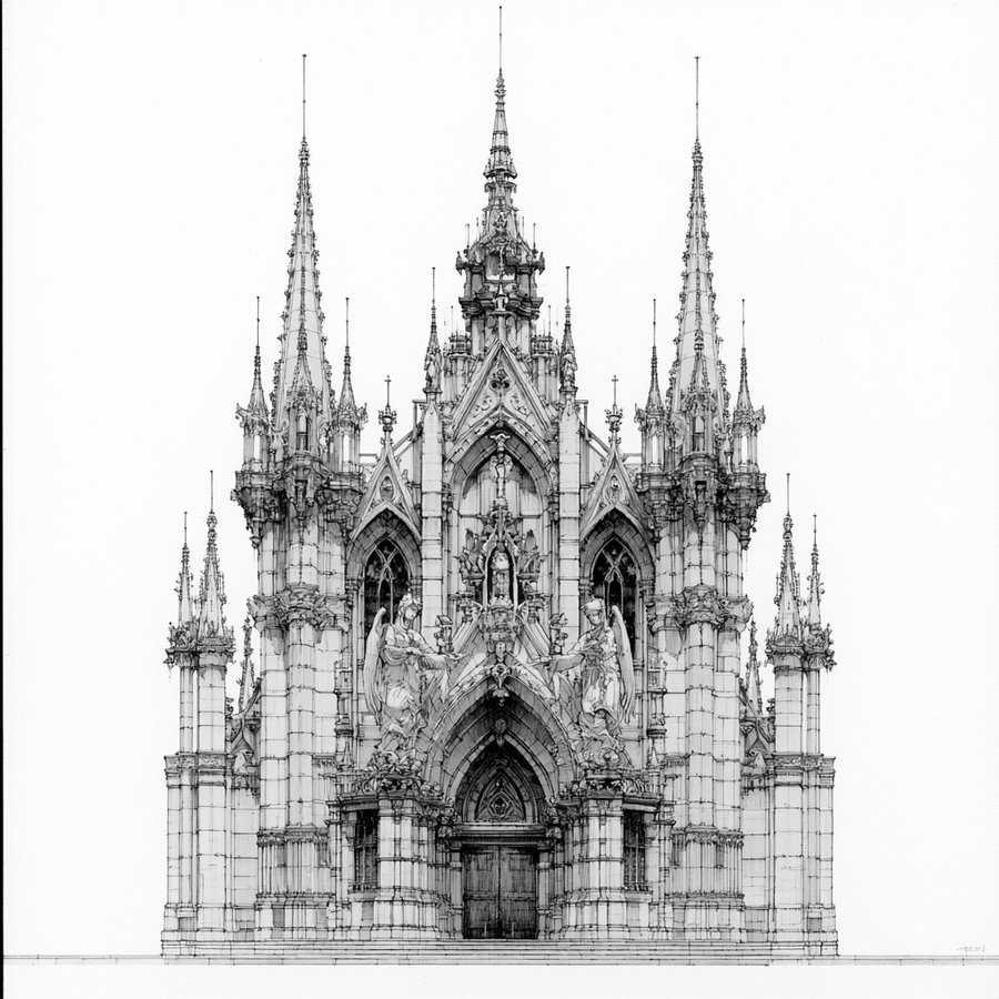 Intricate black and white illustration of a Gothic cathedral facade showing pointed arches, multiple tall spires, and sculptural decorations