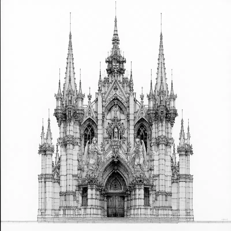 Detailed Black and White Architectural Drawing of a Gothic Cathedral Front