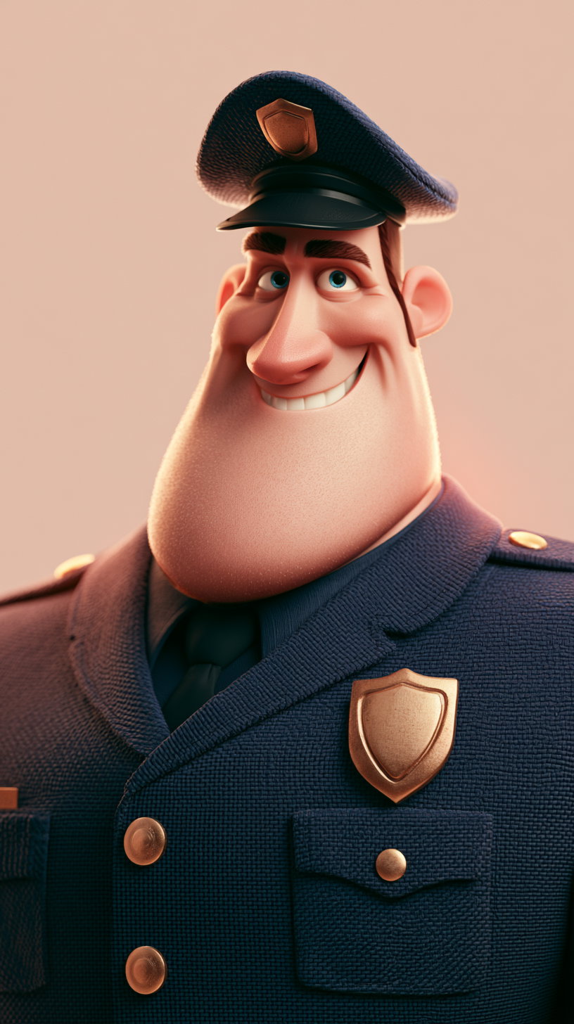 Close-up of a smiling cartoonish police officer with a large chin, blue uniform, and hat with a textured fabric and gold shield emblem