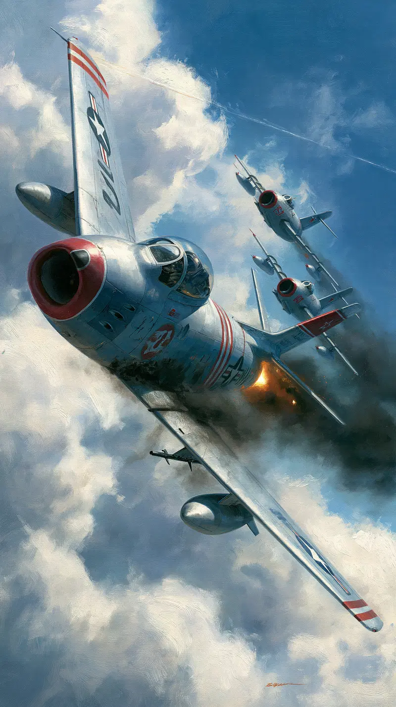 Dramatic painting of fighter jets engaged in aerial combat over clouds