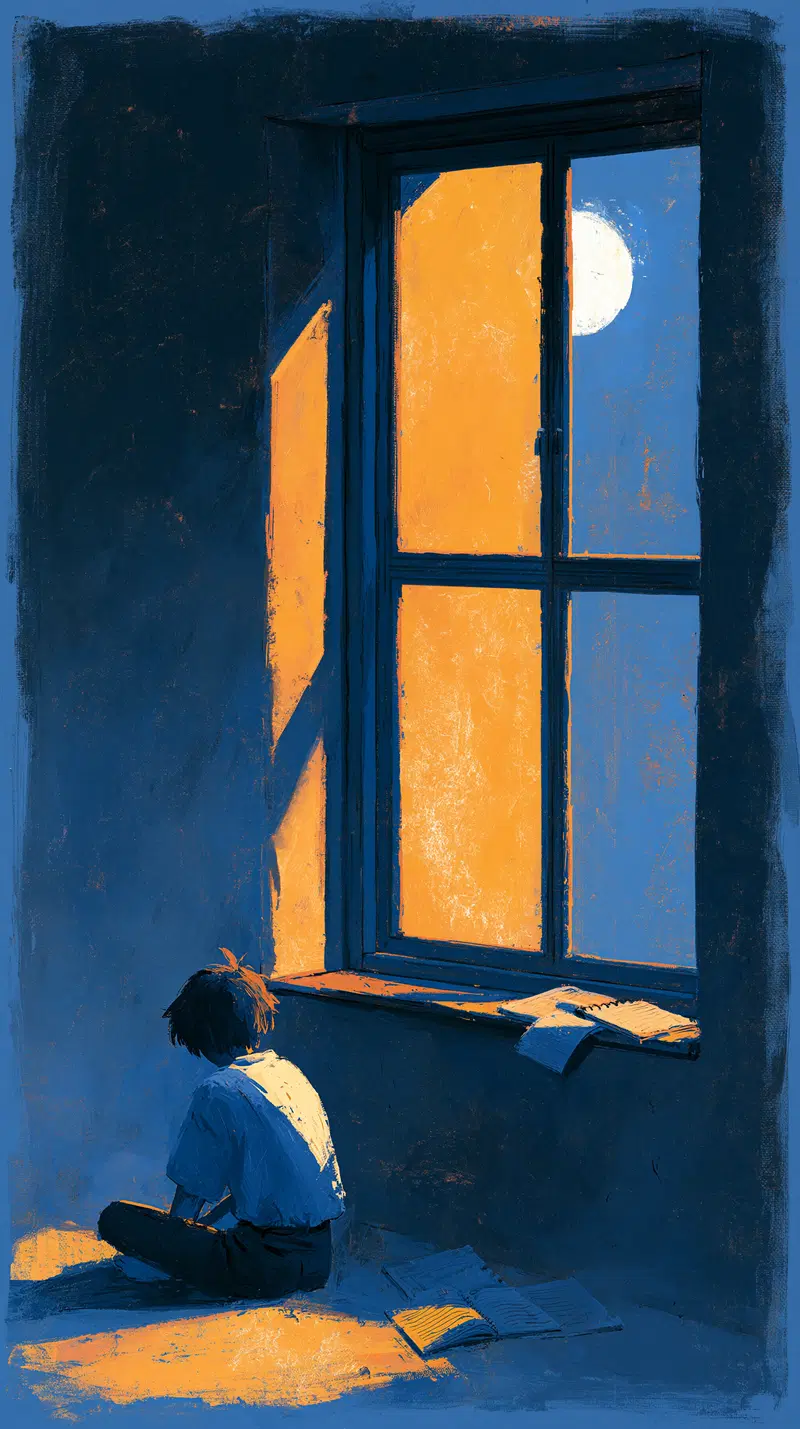 Illustration of a person sitting by a window with warm moonlight
