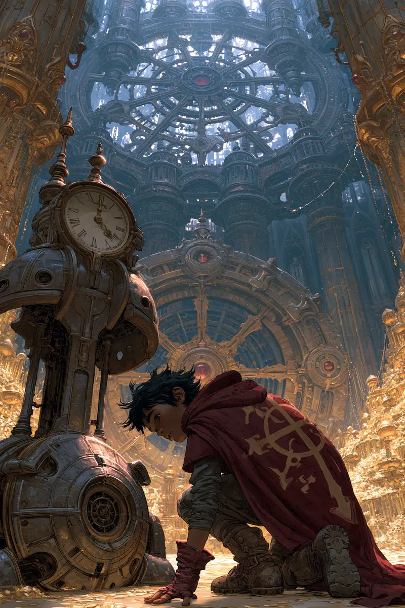 Sci Fi Art Depicting a Young Character Beside a Large Clock in a Futuristic Mechanical Space