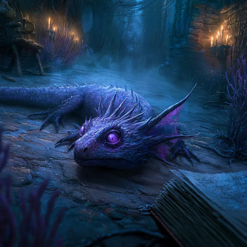 A detailed purple dragon-like creature resting in a dimly lit ancient chamber