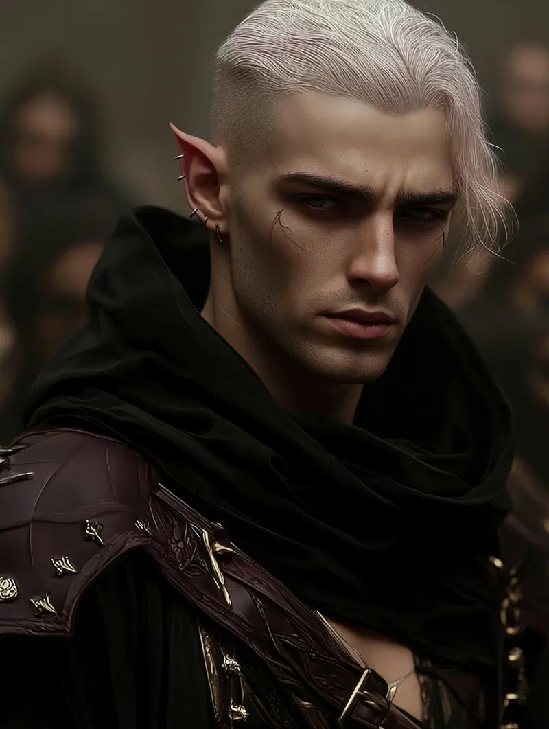 Detailed fantasy portrait of a pale elf warrior with scars and piercings