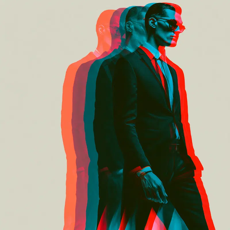 Stylish man in suit with colorful glitch effect on neutral background