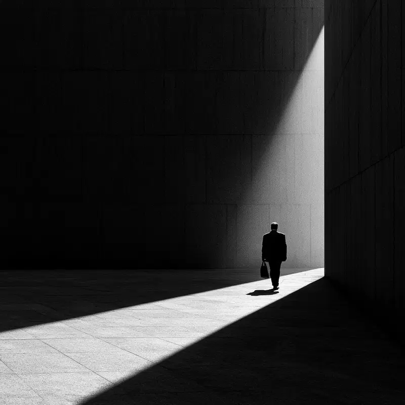 Black and white photo of a person walking in stark light and shadow in an urban space
