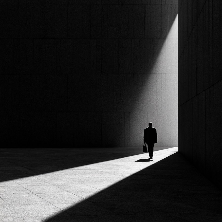 A black and white photo showing a solitary person walking in a geometric play of light and shadow between tall dark walls