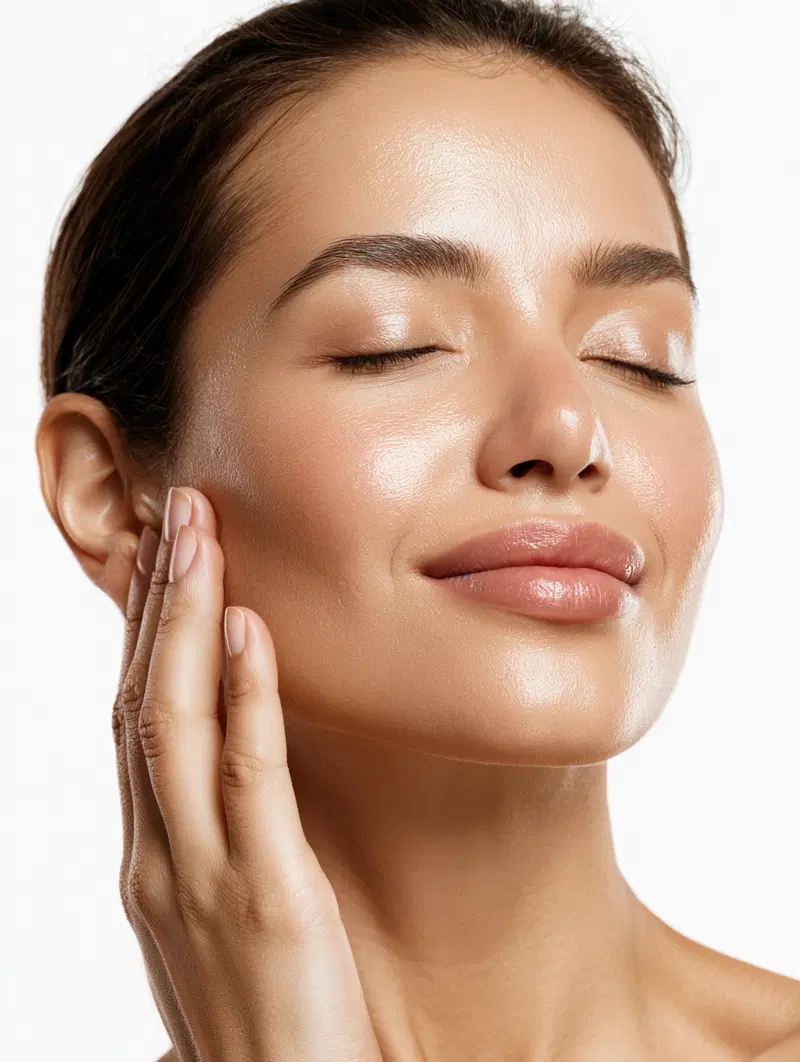 Close-up portrait of a woman with clear glowing skin and serene expression