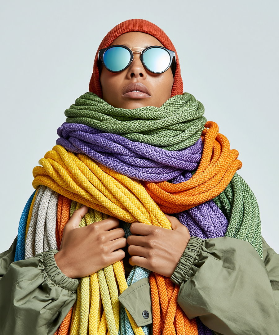 A person dressed in a green jacket, an orange beanie, and reflective sunglasses is wrapped in multiple thick braided ropes of various colors including green, purple, yellow, orange, and blue, holding some ropes in their hands against a plain light background.