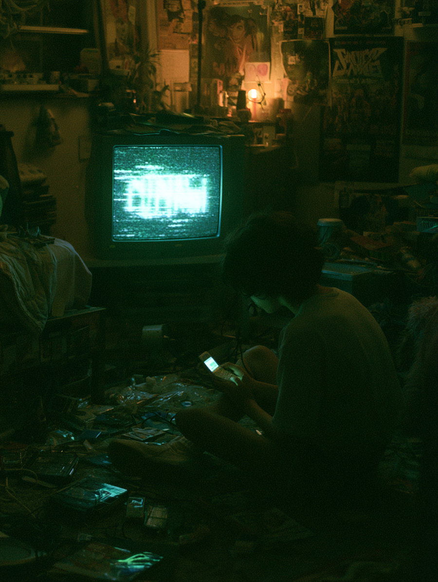 A person sitting cross-legged on a cluttered floor in a dimly lit room, illuminated by the glow of a handheld device and an old television displaying static and glitch effects.