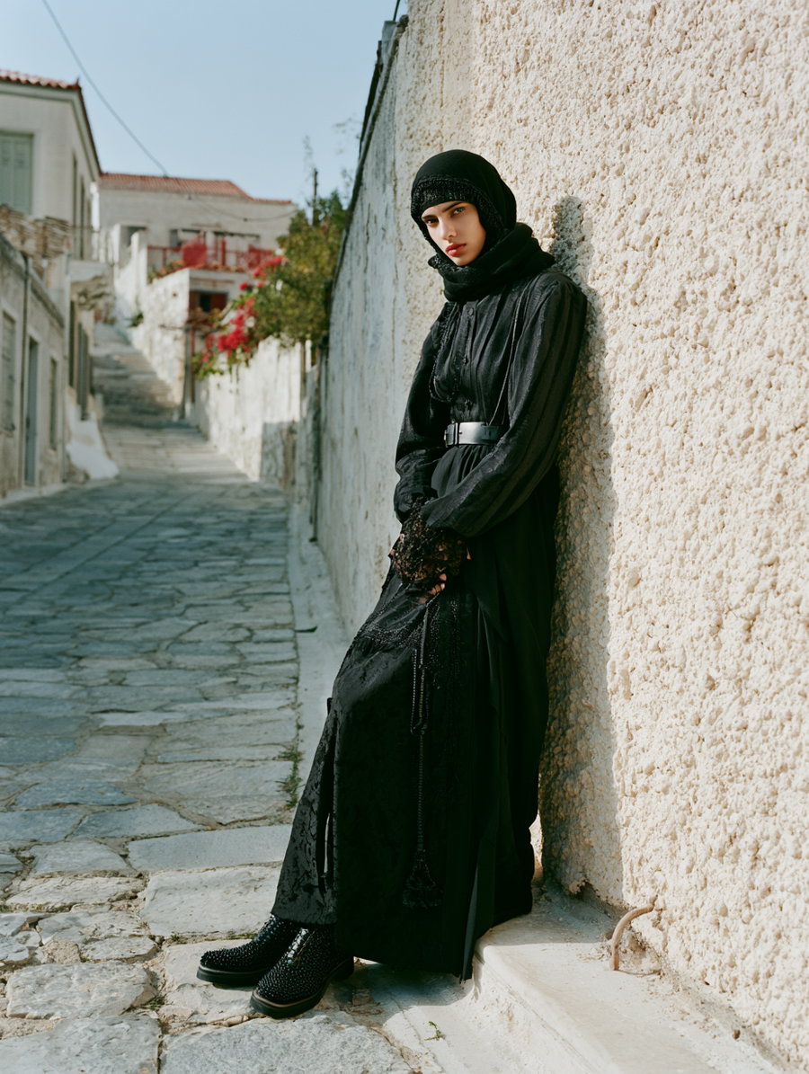 A woman dressed in a long black dress and matching headscarf stands leaning against a textured white wall on a sunlit cobblestone street with buildings and flowers in the background.