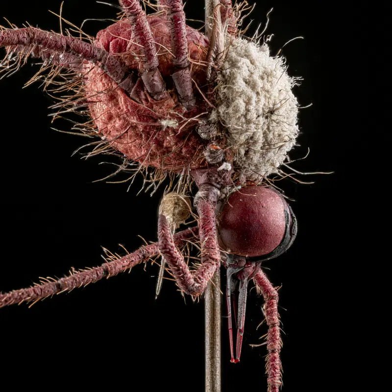 Extreme close-up of a fly covered in fungal growth on a black background