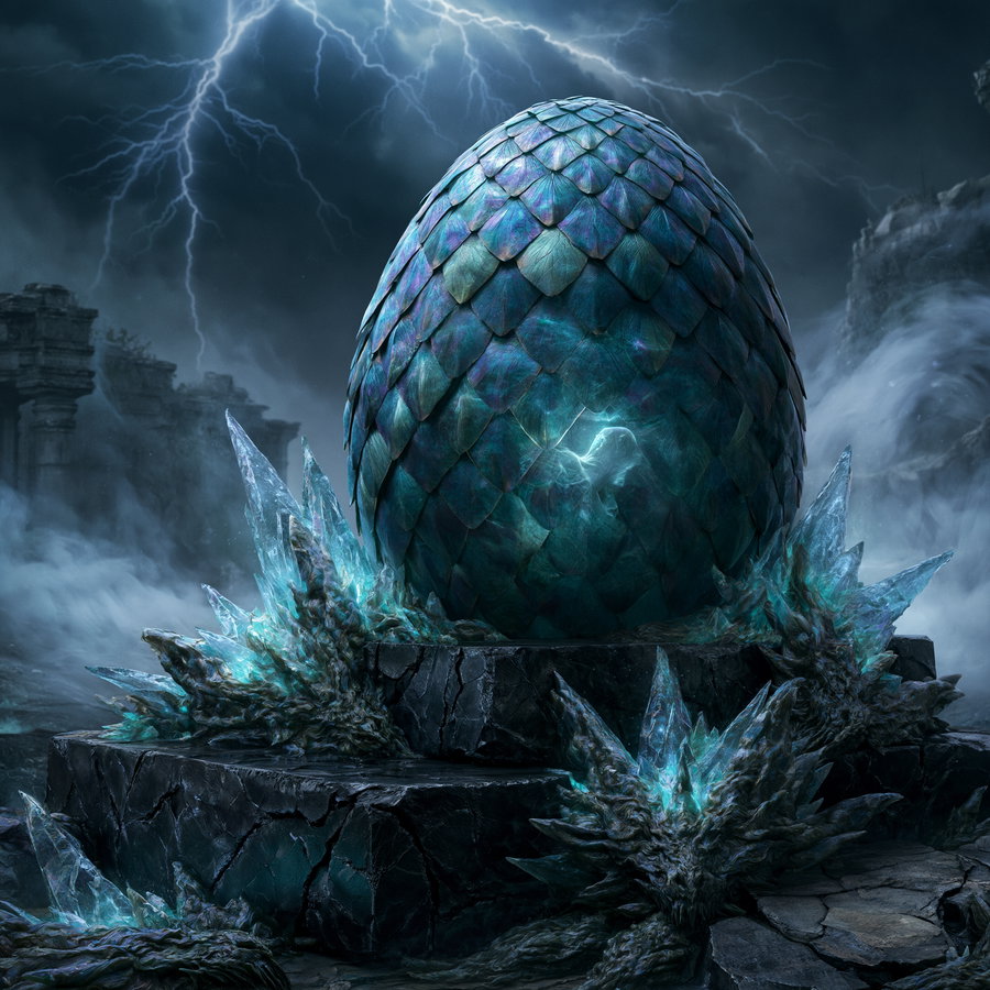 A large blue-green dragon egg with scales rests on a cracked stone pedestal surrounded by sharp, glowing crystal structures shaped like dragon heads amid a stormy background with lightning and ruins.