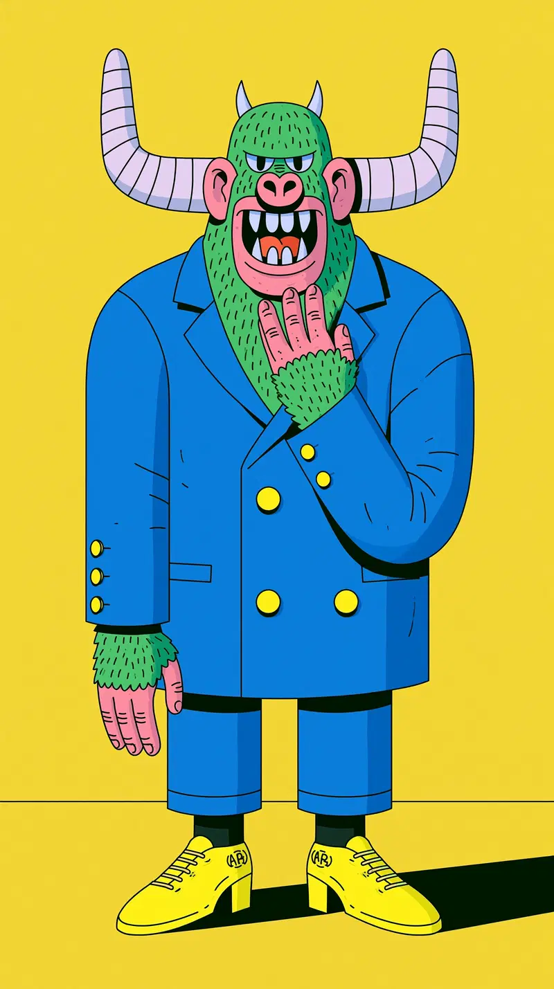 Colorful cartoon illustration of a green monster in a blue suit on yellow background