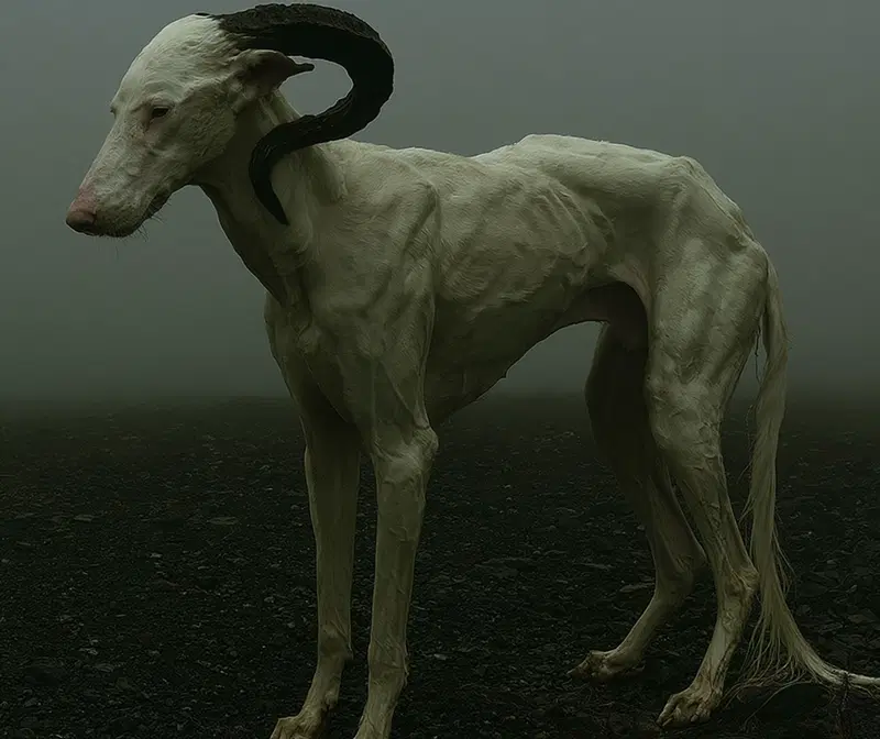 Surreal depiction of a pale, gaunt dog with ram-like curved horns in fog