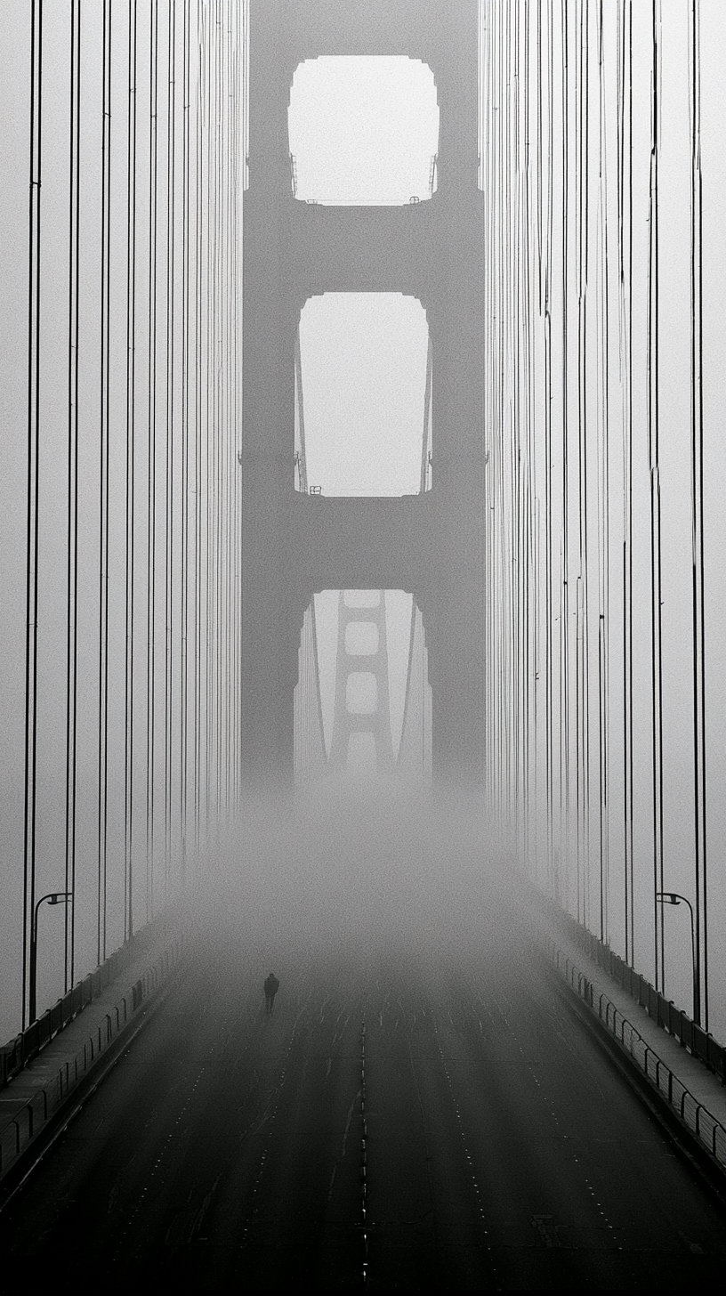 Black and white photo of a suspension bridge shrouded in thick fog with a solitary person walking along the empty roadway