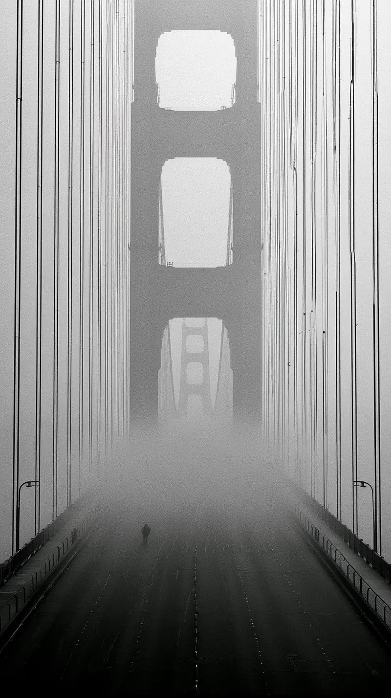 Moody black and white photograph of a foggy bridge with a lone figure walking