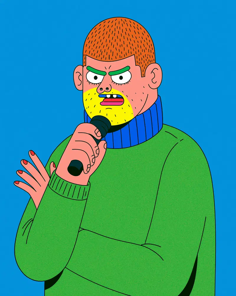 Bold and colorful character design of a man with a microphone