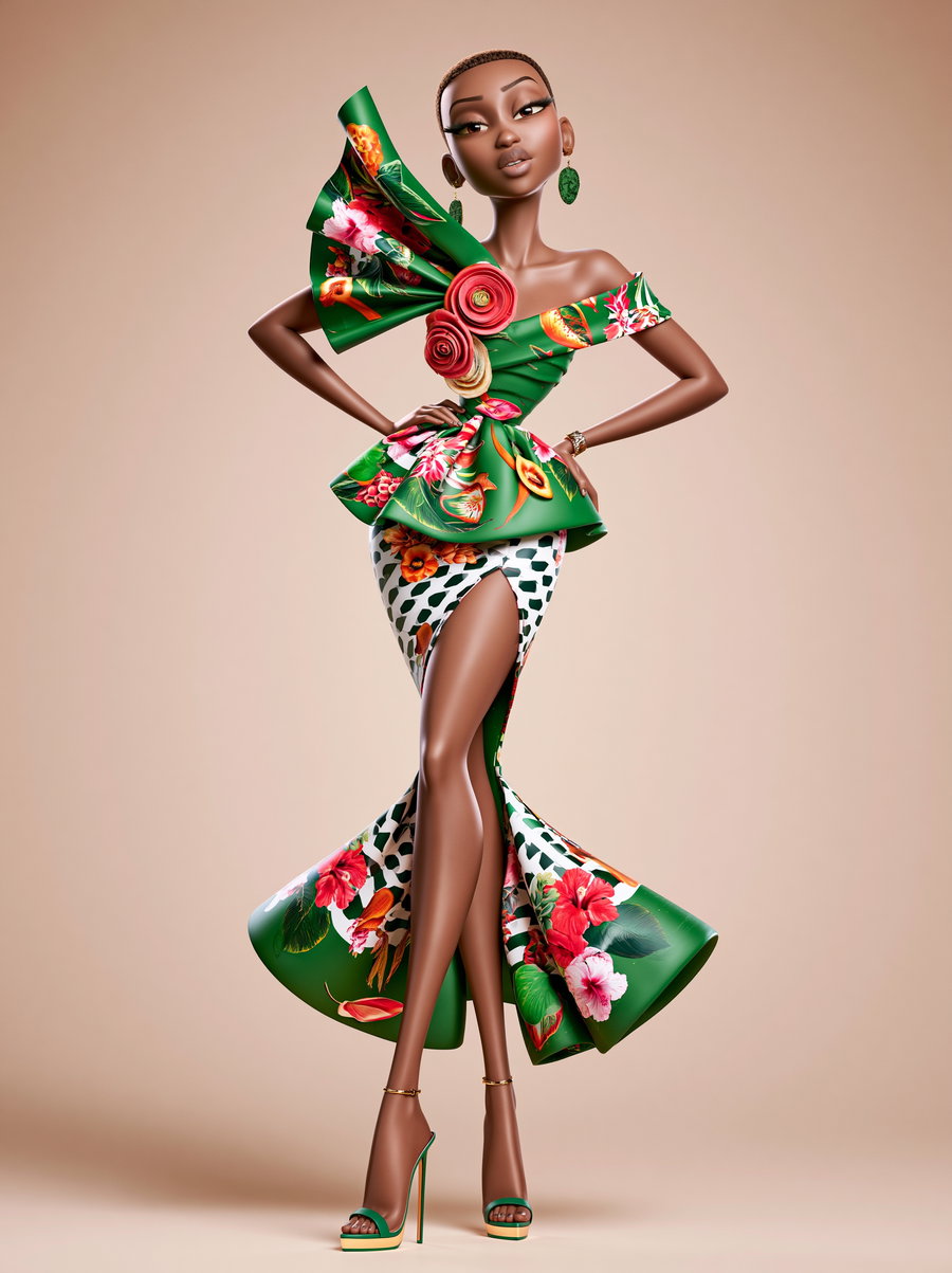3D rendered character of a slender woman with short hair, wearing a green and white floral off-shoulder dress with a high slit, high heels, and green leaf earrings against a plain beige background