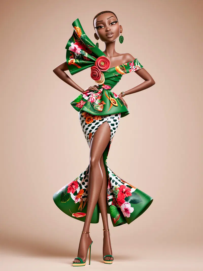 Stylish character design in a vibrant floral high-fashion dress
