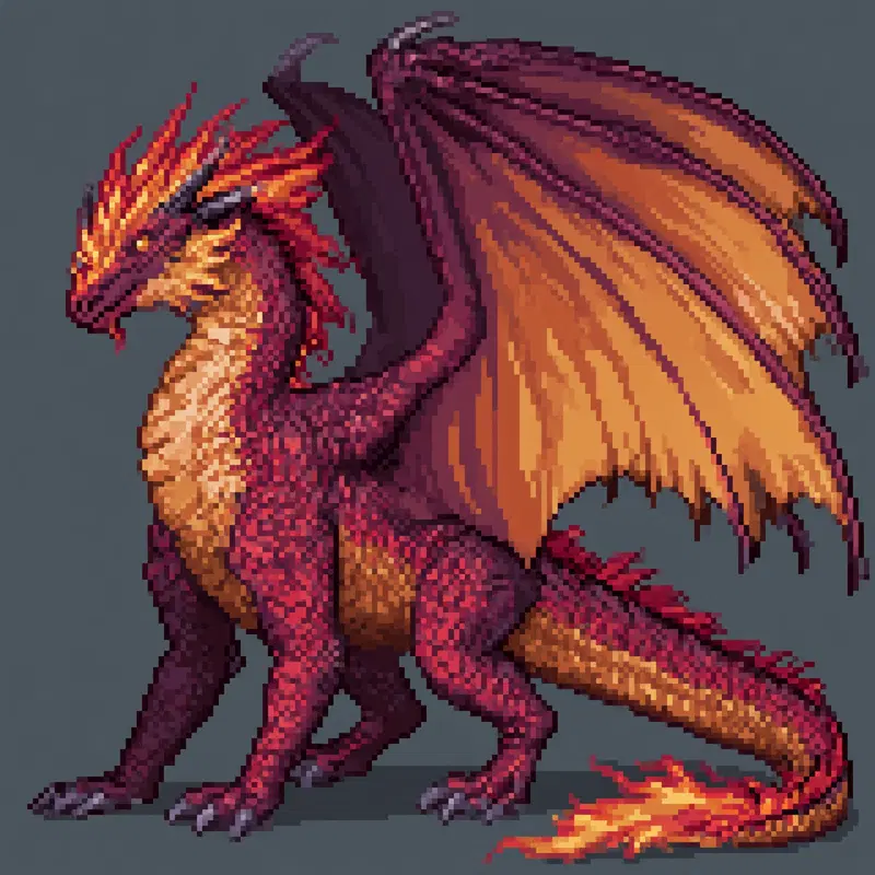 Pixel art of a fantasy dragon with fiery red and orange scales and wings