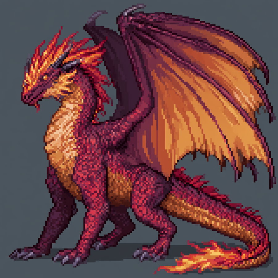 Pixel art image of a dragon with red and orange scales, large wings, and a fiery tail against a gray background