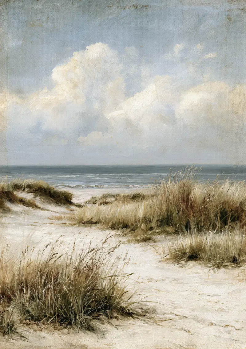 Serene coastal dunes with sandy path leading to the ocean under cloudy sky