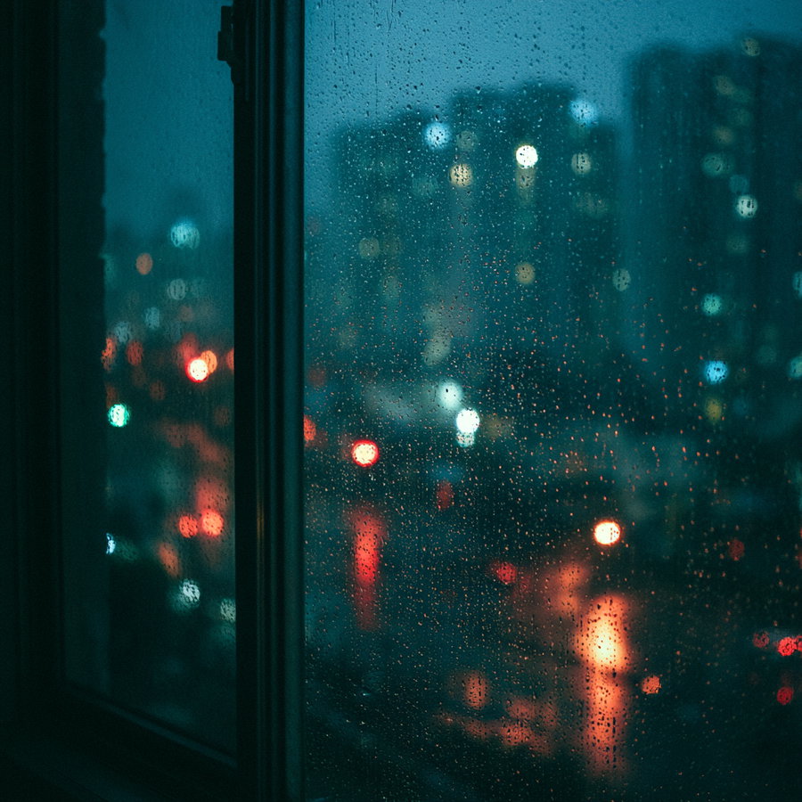 Raindrops on a window with out-of-focus city lights and buildings visible through the glass at night