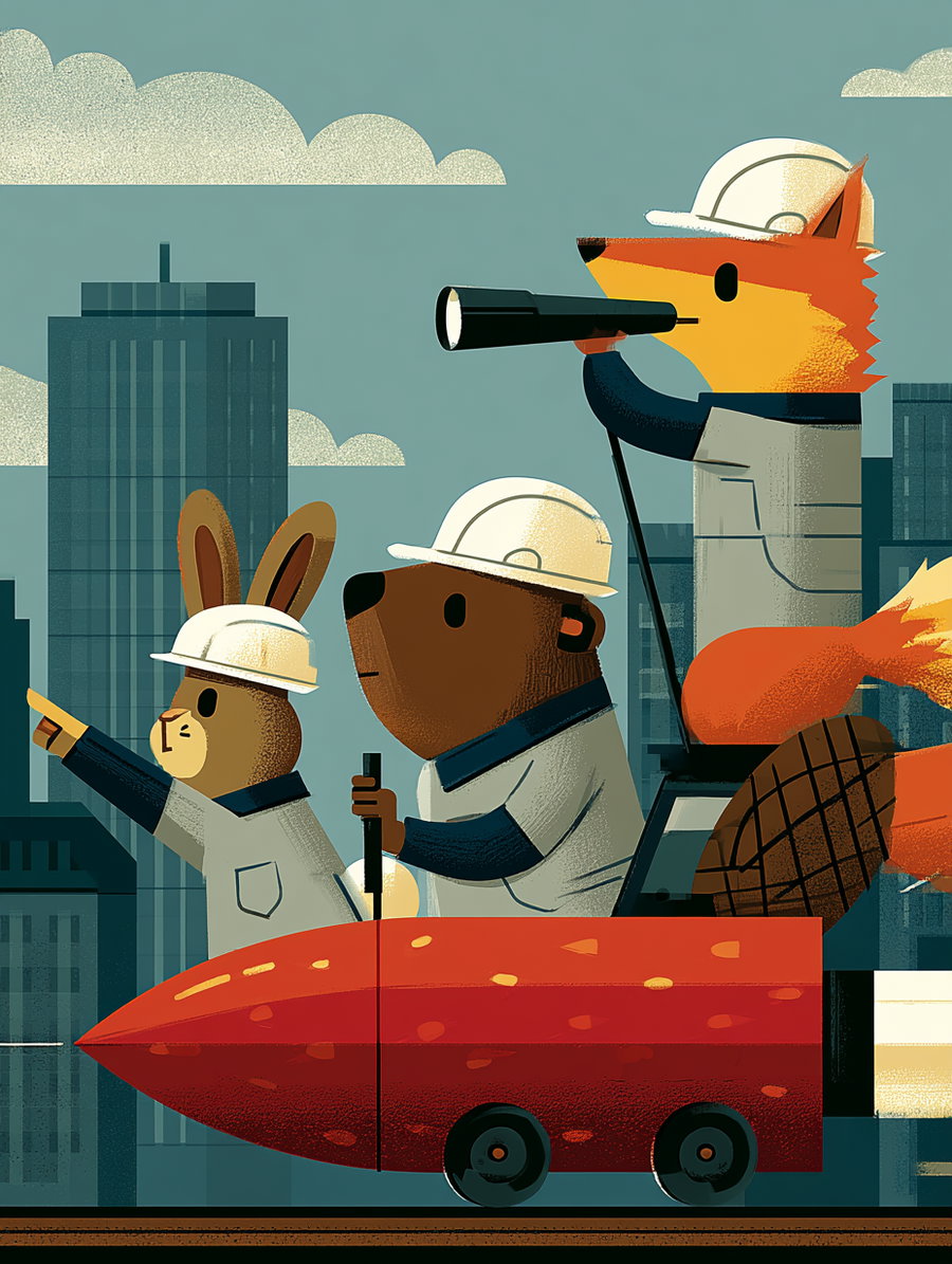 A digital illustration showing a rabbit, beaver, and fox wearing white construction helmets and shirts, riding in a red, futuristic vehicle with wheels against a cityscape background with tall buildings and clouds