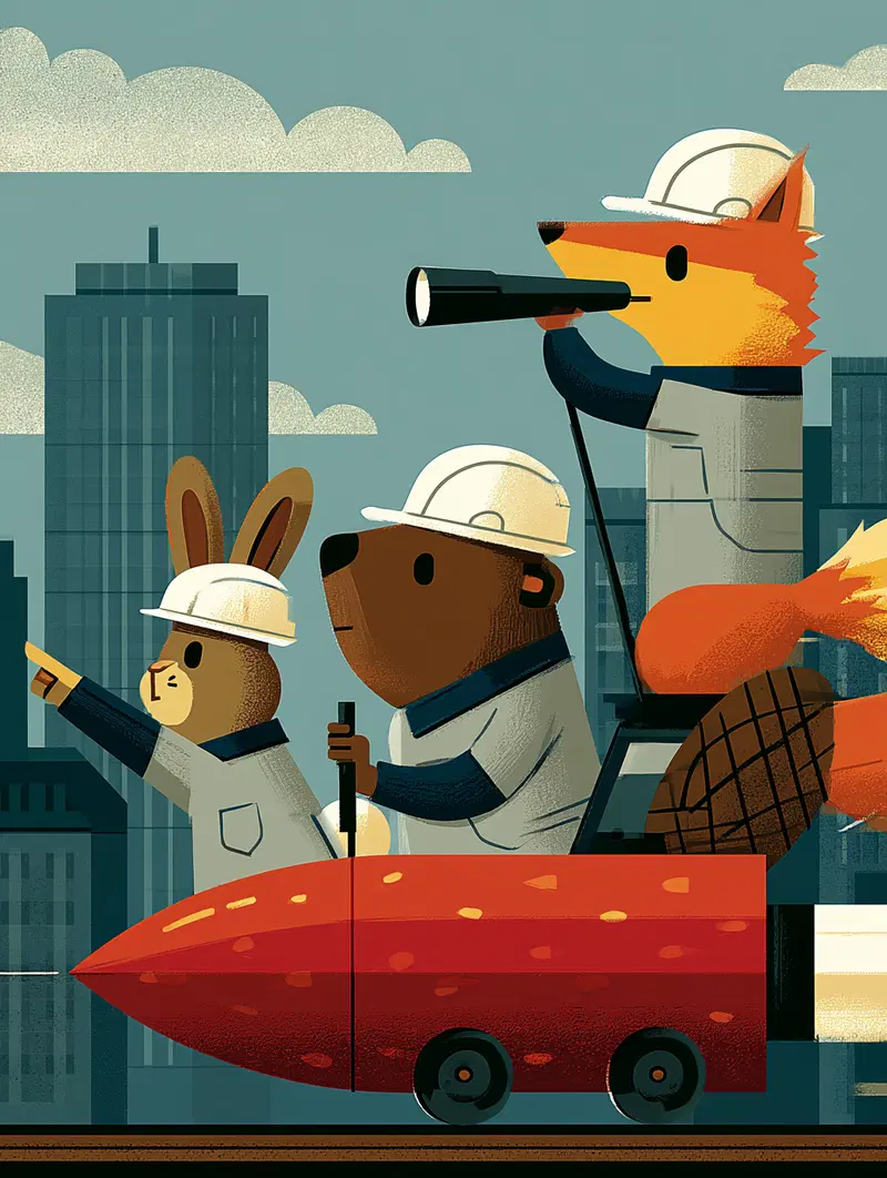 Illustration of animal construction workers riding in a futuristic vehicle