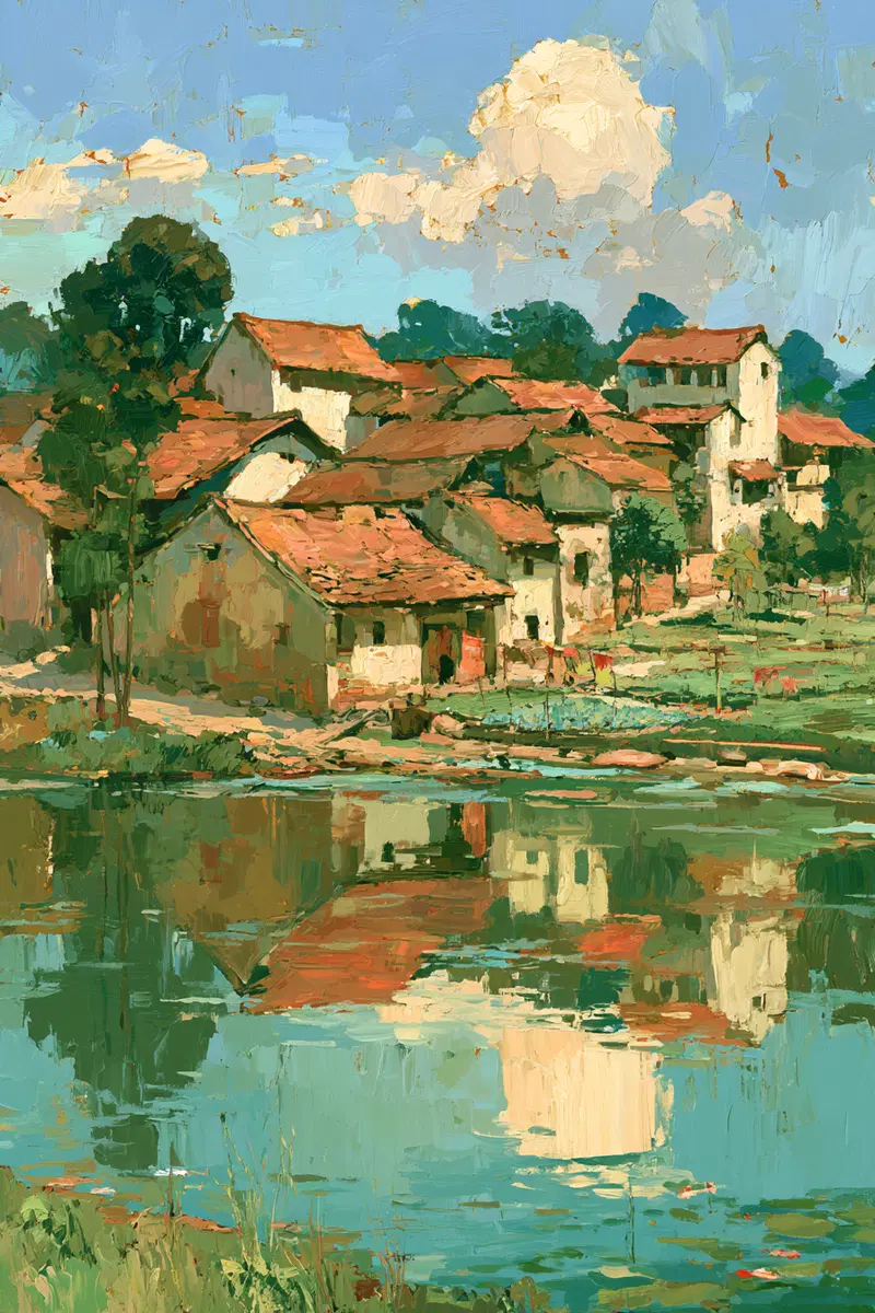 Impressionist style oil painting of village houses by a lakeside with reflections