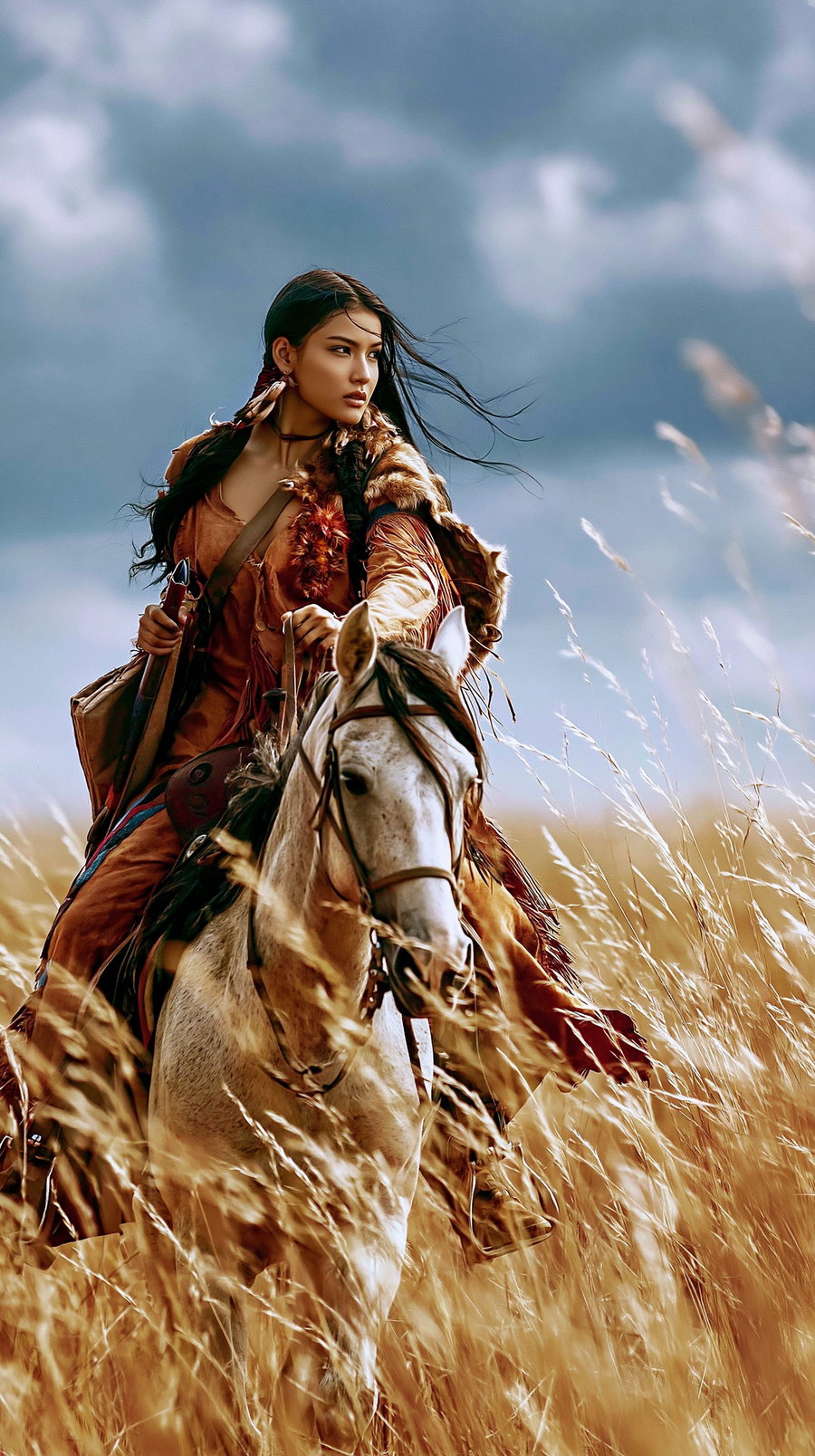 A woman wearing traditional brown and fur clothing rides a white horse through tall golden grass under a cloudy sky