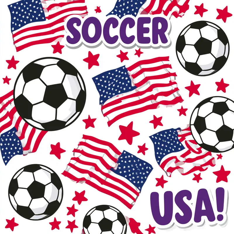 Pattern of American flags, soccer balls, and red stars with text