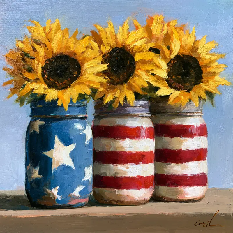 Oil painting of sunflowers in jars painted with American flag design
