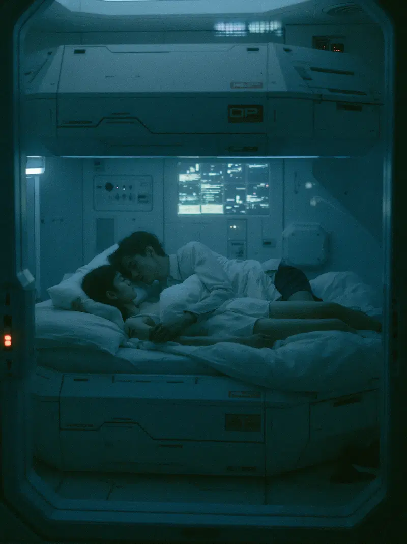 Intimate moment between two people in a futuristic sci-fi sleeping pod