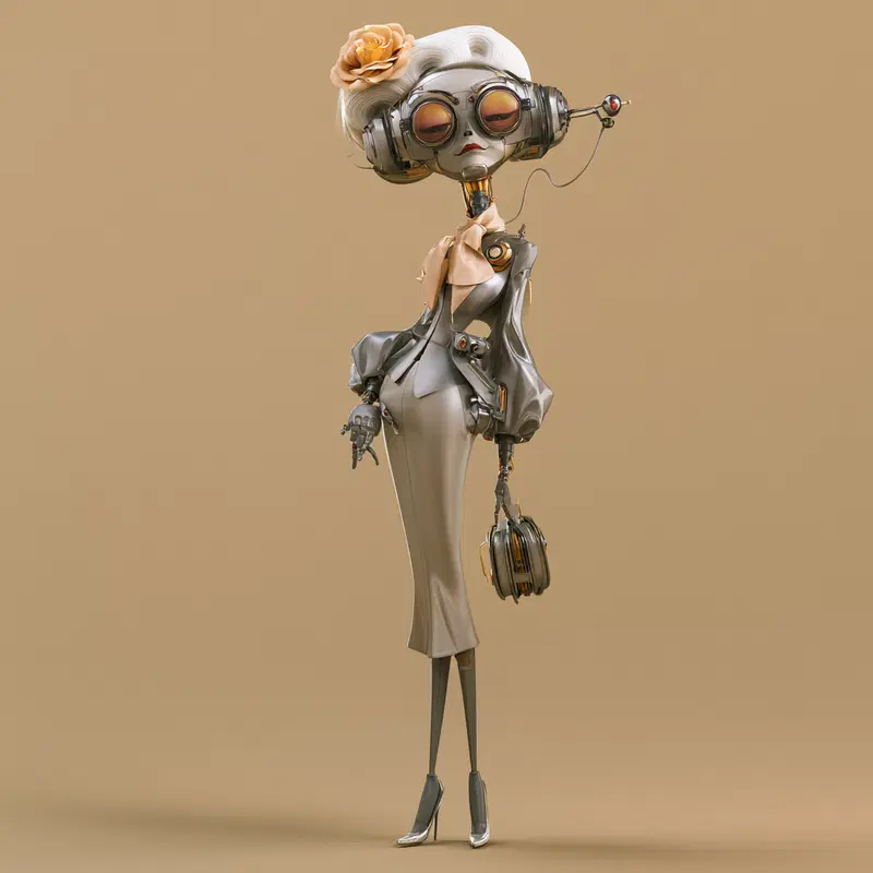 Stylish futuristic character with robotic limbs and vintage accessories