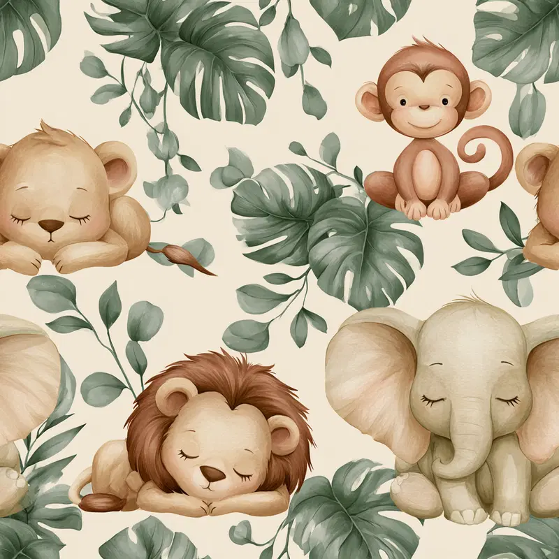 Cute illustrated baby jungle animals with green tropical leaves on light background