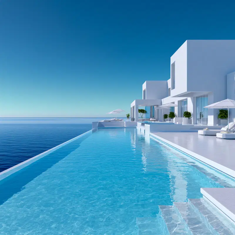 Modern white architectural villa with infinity pool overlooking the ocean