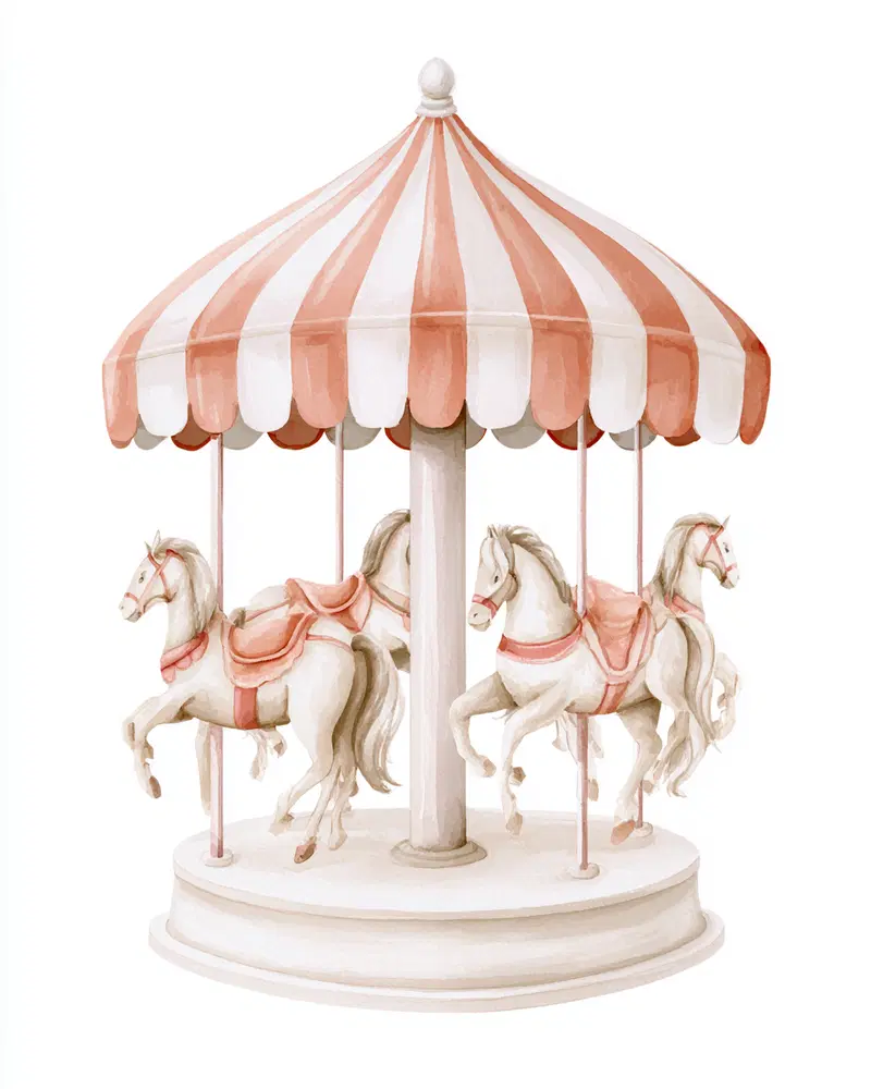 Watercolor painting of a vintage carousel with white horses and red striped canopy